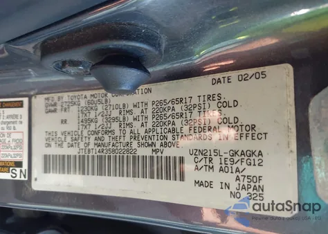 2005 Toyota 4Runner Sr5 V8 z USA, uszkodzony, nr VIN JTEBT14R358022822